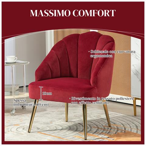Poltroncina da Camera e Salotto a Conchiglia Stile Art Deco, Vellutato e Acciaio, 63x65x84 cm, Rosso - Foto 2