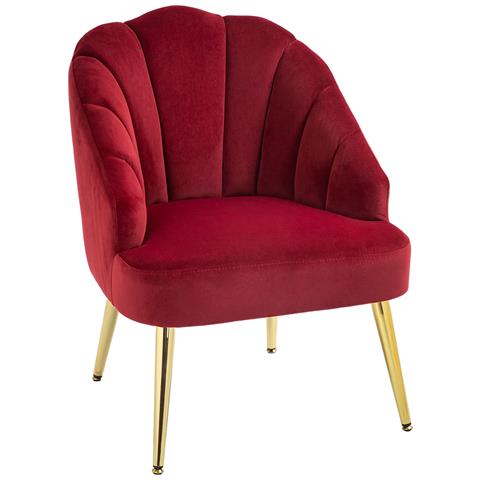 Poltroncina da Camera e Salotto a Conchiglia Stile Art Deco, Vellutato e Acciaio, 63x65x84 cm, Rosso - Foto 1