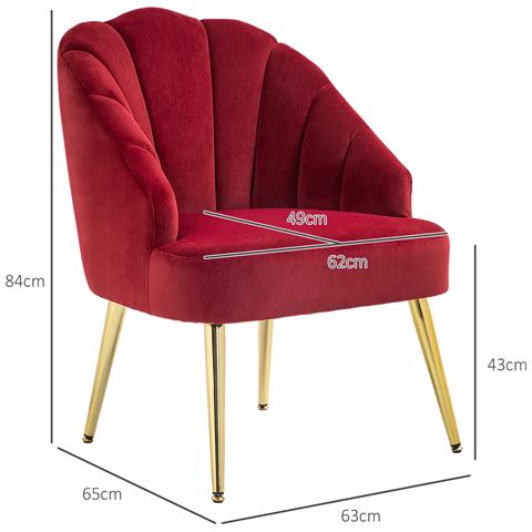 Poltroncina da Camera e Salotto a Conchiglia Stile Art Deco, Vellutato e Acciaio, 63x65x84 cm, Rosso - Foto 6