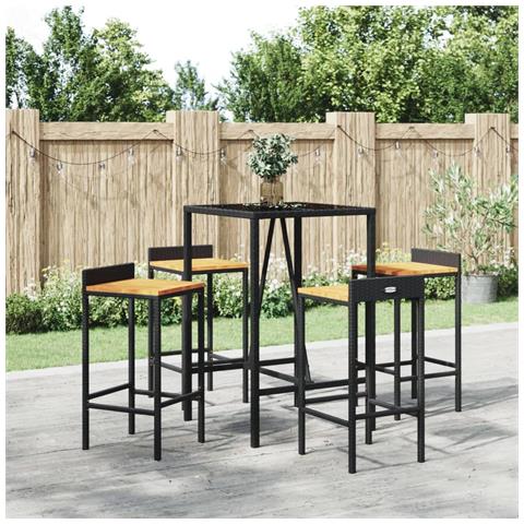 Set Bar Giardino 5 Pz Nero Polyrattan E Legno Massello Acacia - Foto 1