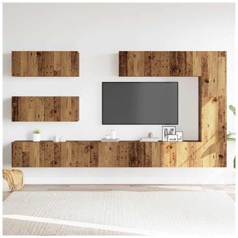 Set Mobile Tv 7 Pz Montato A Parete Legno Antico In Truciolato - Foto 3