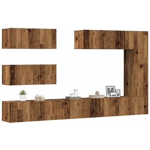 Set Mobile Tv 7 Pz Montato A Parete Legno Antico In Truciolato - Foto 1