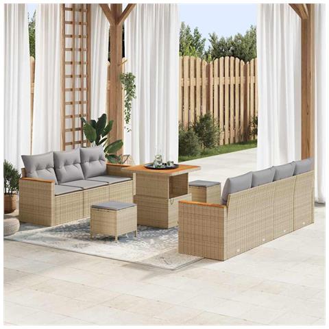 Set da Divano da Giardino  10 Pezzi con Cuscini Beige Polyrattan Acacia, Set da Pranzo da Giardino  3 Pezzi con Cuscini Beige Polyrattan Acacia - Foto 2
