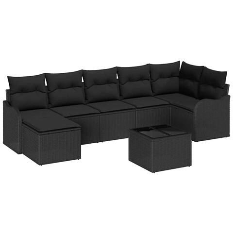 Set di 8 pezzi di divano da giardino con cuscini in polyrattan beige, Divano da giardino per 2 persone con cuscini in polyrattan nero - Foto 1