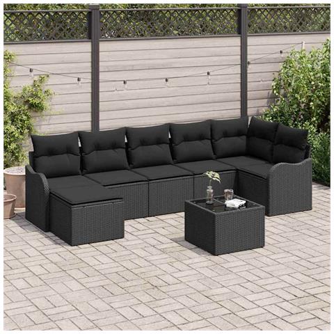 Set di 8 pezzi di divano da giardino con cuscini in polyrattan beige, Divano da giardino per 2 persone con cuscini in polyrattan nero - Foto 2