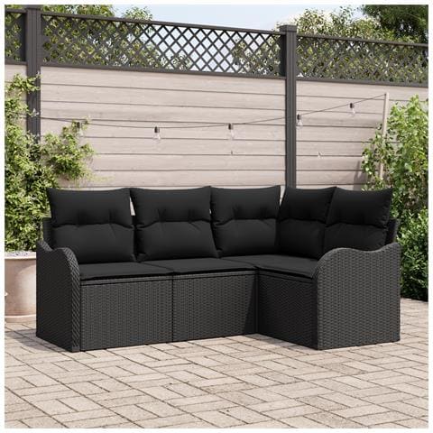 Set di divano da giardino 4 pezzi con cuscini polirattan nero - Foto 2
