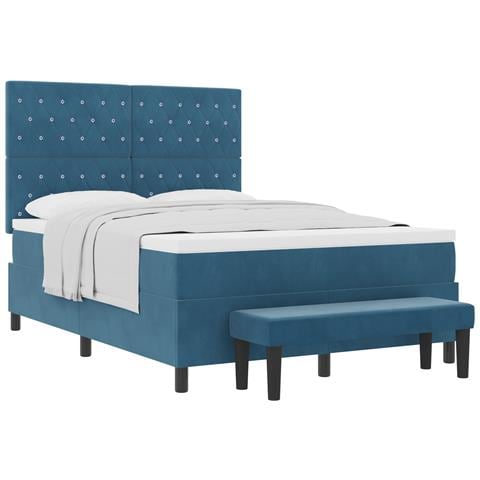 Letto contenitore con materasso e panca blu scuro 140x190 cm velluto - Foto 1