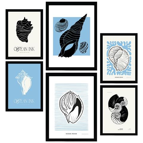 Set Di 6 Stampe Stampe Artistiche Di Lumache Di Mare Con Inchiostro Nero, Raffiguranti Mare E Oceano, Per L'interior Design A3 & A4 Cornice Nera - Foto 1
