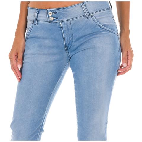 Pantaloni Lunghi In Denim Effetto Consumato Realizzati In Tessuto Elastico 70dbf0518 Donna - Foto 3