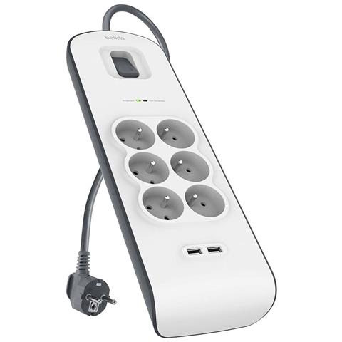 Multipresa Sovratensione 6 Prese / 2 Porte Usb-a Con Cavo 2m, Bianco / Grigio - Foto 10