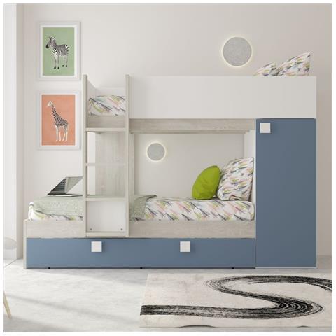 Cameretta Con Letto A Castello E Letto Estraibile Con Armadio Integrato Colore Bianco Consumato E Azzurro Reversibile - Foto 1