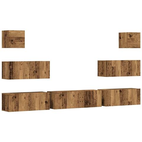 Set Mobile Tv 7 Pz Montato A Parete Legno Antico In Truciolato - Foto 2