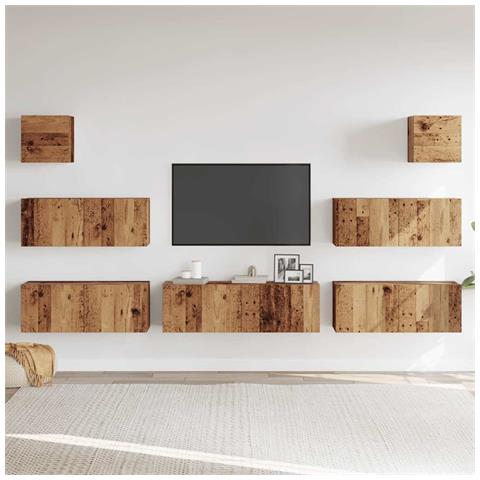 Set Mobile Tv 7 Pz Montato A Parete Legno Antico In Truciolato - Foto 3