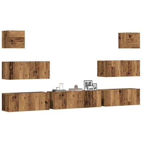 Set Mobile Tv 7 Pz Montato A Parete Legno Antico In Truciolato - Foto 1