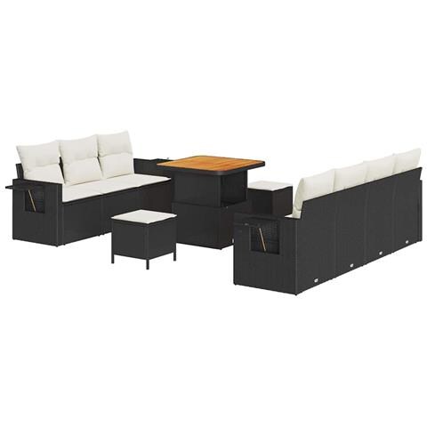 Set da Divano da Giardino 10 Pezzi con Cuscini Nero Polyrattan Acacia, Set da Pranzo da Giardino 3 Pezzi con Cuscini Nero Polyrattan Acacia - Foto 1