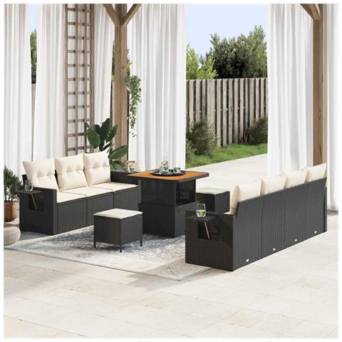 Set da Divano da Giardino 10 Pezzi con Cuscini Nero Polyrattan Acacia, Set da Pranzo da Giardino 3 Pezzi con Cuscini Nero Polyrattan Acacia - Foto 2