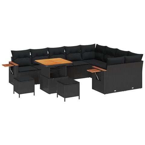 Set divano da giardino 12 pezzi con cuscini polyrattan nero,  Set pranzo da giardino 3 pezzi con cuscini polyrattan nero - Foto 1