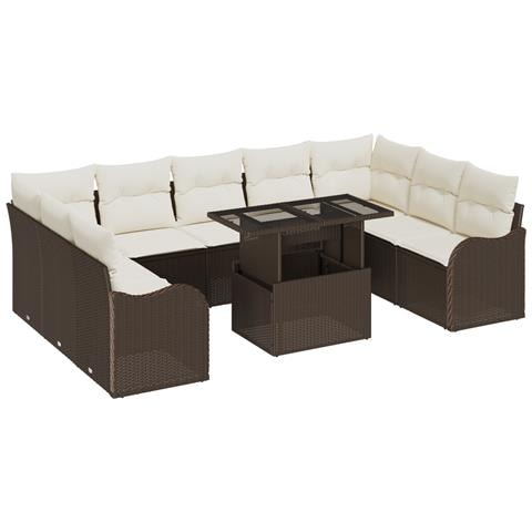 Set di divani da giardino  con cuscini Marrone Polyrattan 10 pezzi, Divano da giardino a 2 posti con cuscini Marrone Polyrattan - Foto 1