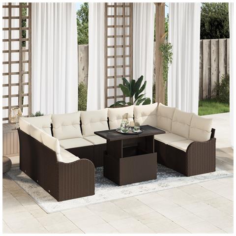 Set di divani da giardino  con cuscini Marrone Polyrattan 10 pezzi, Divano da giardino a 2 posti con cuscini Marrone Polyrattan - Foto 2