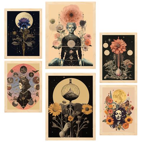 Set Di 6 Stampe Pittura Decorativa Collage Surreale In Illustrazioni Mistiche Ed Esoteriche In Toni Pastello A3 & A4 Telaio In Legno Chiaro - Foto 1