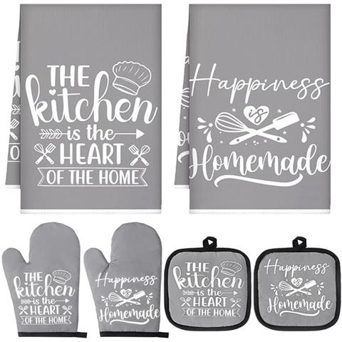 Set Da Cucina In Cotone Da 6 Pezzi: Guanti Da Forno Resistenti Al Calore, Presine E Asciugamani Assorbenti Grey - Foto 1