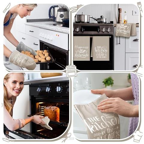 Set Da Cucina In Cotone Da 6 Pezzi: Guanti Da Forno Resistenti Al Calore, Presine E Asciugamani Assorbenti Grey - Foto 4