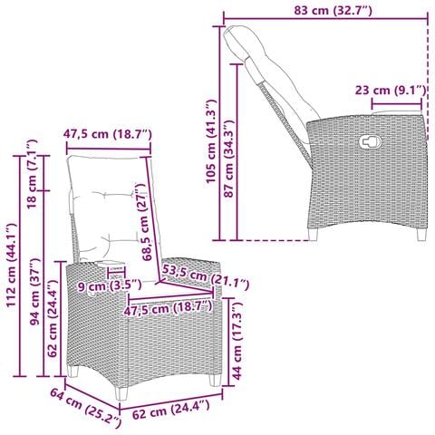 Poltrona reclinabile con tavolino 62 x 64 x 112 cm polyrattan - Foto 9