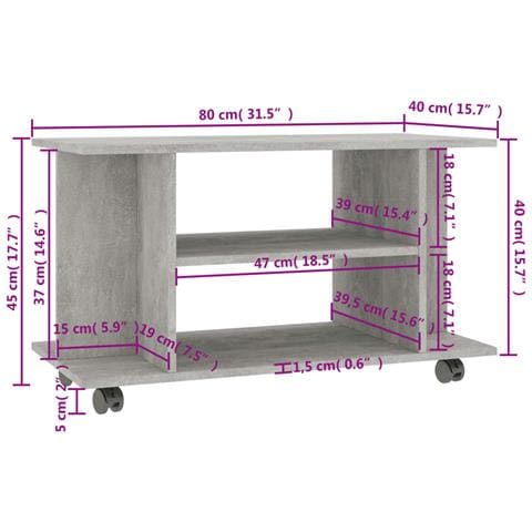 Mobile TV con Ruote Grigio Cemento 80x40x45 cm in Multistrato - Foto 2