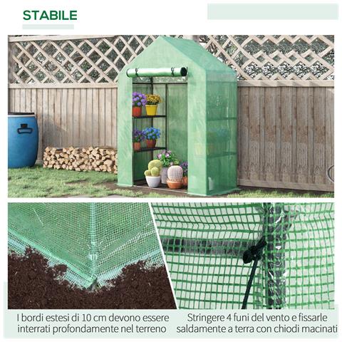 Serra Da Giardino In Acciaio E Plastica Pe Con 4 Ripiani, Funi E Picchetti, 141x72x191 Cm, Verde - Foto 2