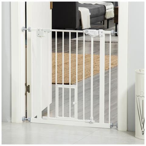 Cancellino Per Cani Con Porta Piccola, Montaggio A Pressione E Chiusura Automatica, 74-80x76.2cm, Bianco - Foto 2