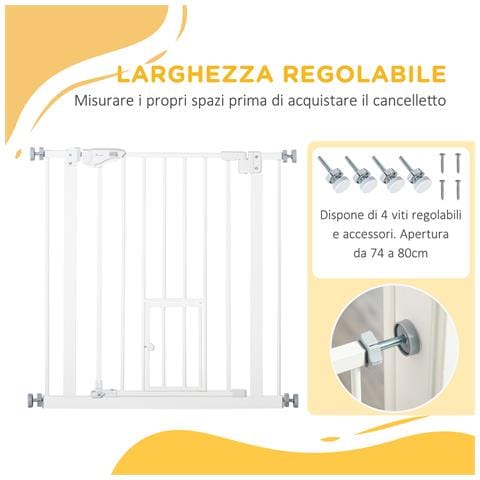 Cancellino Per Cani Con Porta Piccola, Montaggio A Pressione E Chiusura Automatica, 74-80x76.2cm, Bianco - Foto 6