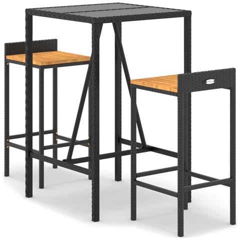 Set Bar Giardino 3 Pz Nero Polyrattan E Legno Massello Acacia - Foto 2