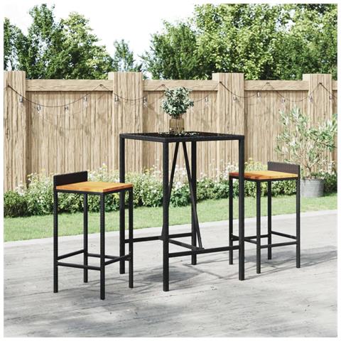 Set Bar Giardino 3 Pz Nero Polyrattan E Legno Massello Acacia - Foto 1