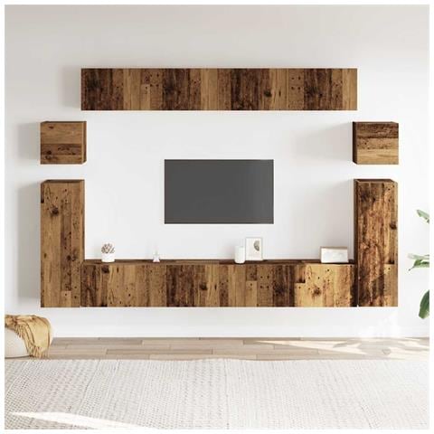 Set Mobile Tv 8 Pz Montato A Parete Legno Antico In Truciolato - Foto 3