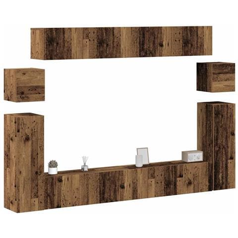 Set Mobile Tv 8 Pz Montato A Parete Legno Antico In Truciolato - Foto 1