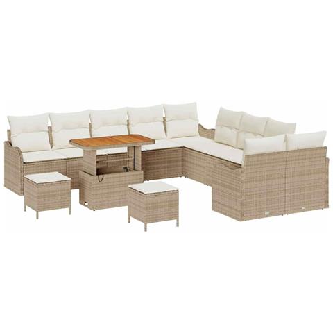 Set da divano da giardino  13 pezzi con cuscini Beige Poly Rattan Acacia, Divano da giardino 2 posti  con spazio di stoccaggio e cuscini Beige Poly Rattan, Set da pranzo da giardino  3 pezzi con cuscini Beige Poly Rattan Acacia - Foto 1