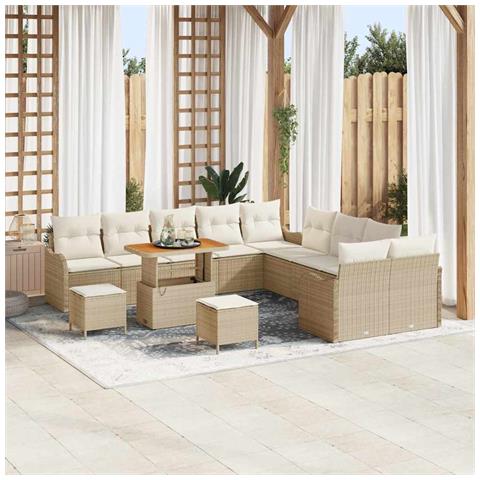 Set da divano da giardino  13 pezzi con cuscini Beige Poly Rattan Acacia, Divano da giardino 2 posti  con spazio di stoccaggio e cuscini Beige Poly Rattan, Set da pranzo da giardino  3 pezzi con cuscini Beige Poly Rattan Acacia - Foto 2