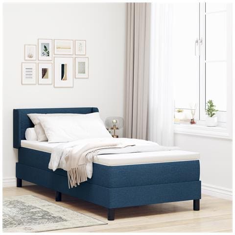 Letto con Box Spring e Materasso Blu 90x190 cm in Tessuto, Testiera Trapuntata Blu 90 cm in Tessuto - Foto 2