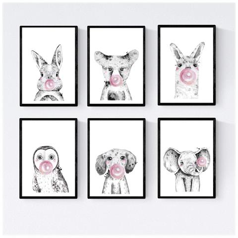 Set Di 6 Stampe Animali Bambini Gomma Da Masticare Cervo Maiale Volpe Gufo Cane A4 Senza Cornice - Foto 1