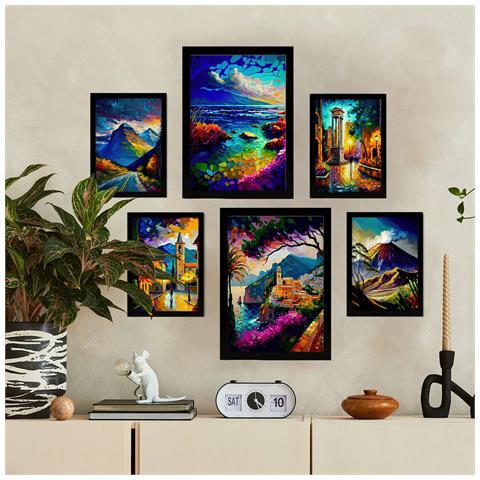 Set Di 6 Stampe Montagne In Stile Dipinto A Olio. Illustrazioni Di Monumenti E Città In Stile Fotografico A Colori. A3 & A4 Telaio Colore Nero - Foto 5