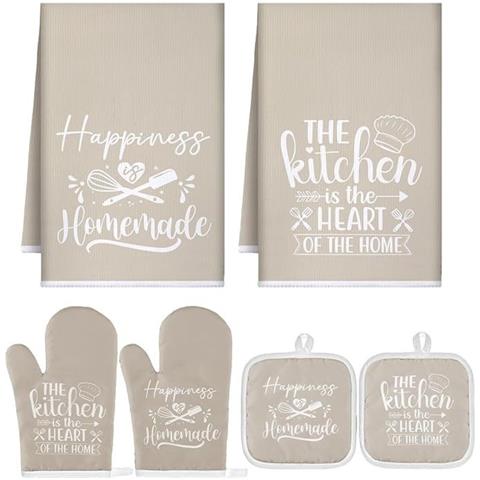 Set Da Cucina In Cotone Da 6 Pezzi: Guanti Da Forno Resistenti Al Calore, Presine E Asciugamani Assorbenti Beige - Foto 1