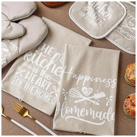 Set Da Cucina In Cotone Da 6 Pezzi: Guanti Da Forno Resistenti Al Calore, Presine E Asciugamani Assorbenti Beige - Foto 2