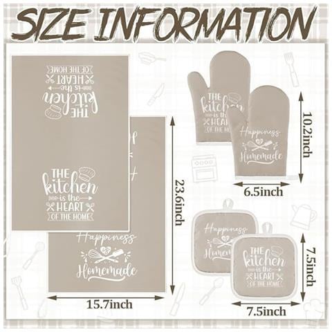 Set Da Cucina In Cotone Da 6 Pezzi: Guanti Da Forno Resistenti Al Calore, Presine E Asciugamani Assorbenti Beige - Foto 4