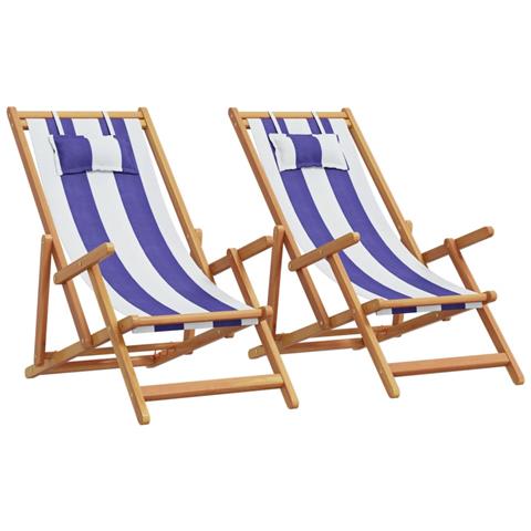Sedie da Spiaggia Pieghevoli 2 pz Blu e Bianco Tessuto e Legno - Foto 1