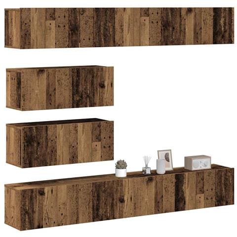 Set Mobile Tv 6 Pz Montato A Parete Legno Antico In Truciolato - Foto 1