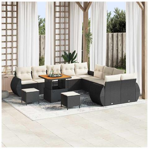 Set da divano da giardino 13 pezzi con cuscini in rattan nero e acacia, Set da pranzo da giardino 3 pezzi con cuscini in rattan nero e acacia - Foto 2