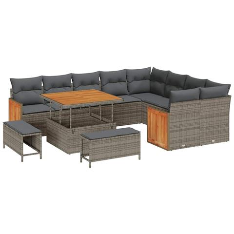 Set Divano da Giardino 12 Pezzi con Cuscini Rattan Poliestere Grigio,  Set da Pranzo da Giardino 3 Pezzi con Cuscini Rattan Poliestere Grigio,  Divano da Giardino Due Posti con Cuscini Rattan Poliestere Grigio - Foto 1