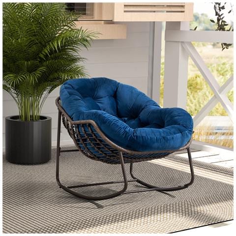 Sedia A Dondolo In Rattan Da Esterno, Sedia Reclinabile A Dondolo Con Cuscino Imbottito All'aperto Per Veranda, Soggiorno, Patio, Giardino, Blu Navy - Foto 1