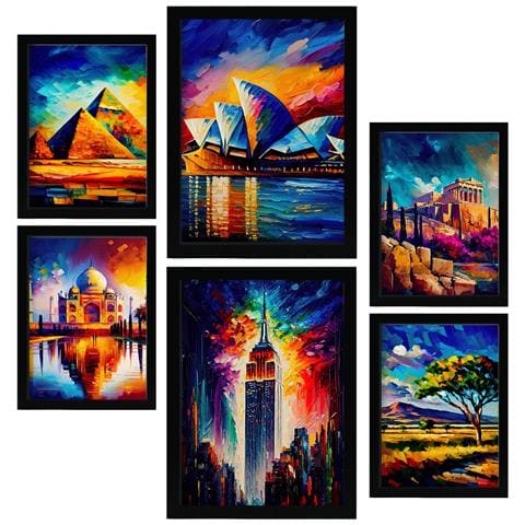 Set Di 6 Stampe Illustrazioni Di Monumenti E Città In Stile Pittura Ad Olio Arricchite In Stile Fotografico A Colori. A3 & A4 Cornice Nera - Foto 1