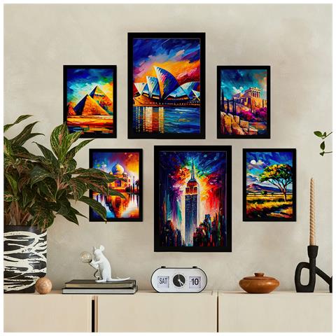 Set Di 6 Stampe Illustrazioni Di Monumenti E Città In Stile Pittura Ad Olio Arricchite In Stile Fotografico A Colori. A3 & A4 Cornice Nera - Foto 5